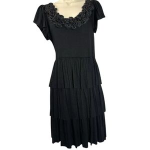 Pink Rose Black Tiered Midi Dress Rosette Neckline Short Sleeve Size L‎ Juniors
